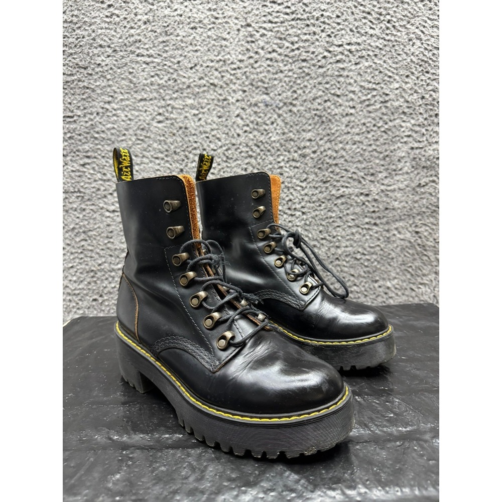 Dr. Martens Leona Vintage Smooth Leather Platform Boots Black Womens Size 8 US